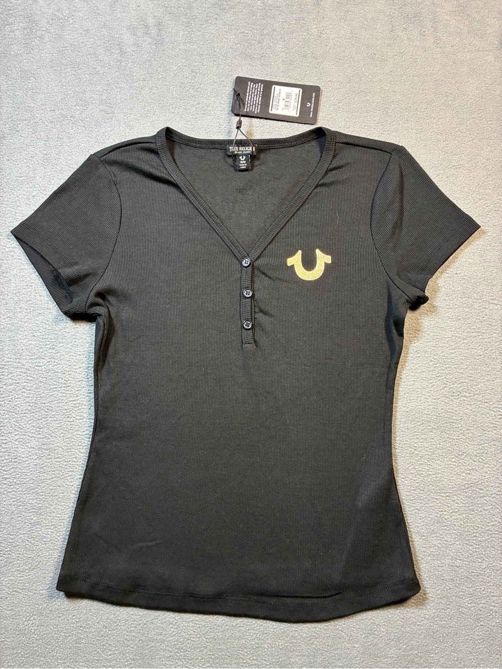 True Religion Black Short-Sleeve Henley Top with Gold Horseshoe